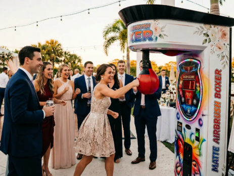 Invitados divirtiéndose con una máquina de boxeo en un evento social en Florida.