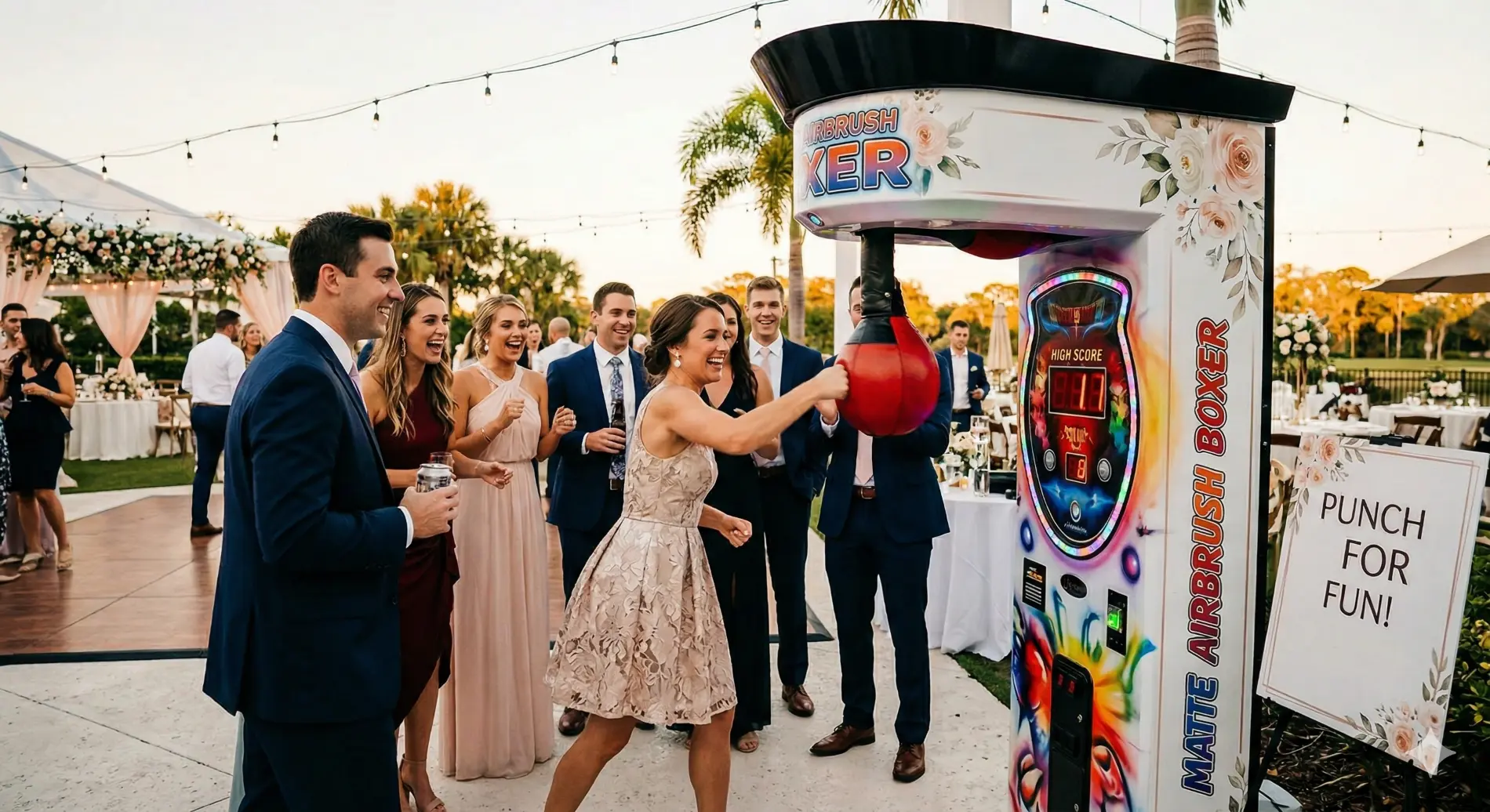 Guests enjoying a boxing arcade machine at a corporate event in Florida