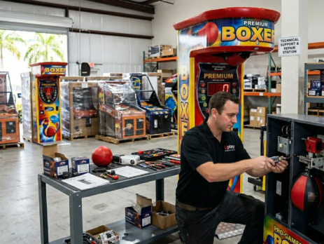 Technician repairing a boxing arcade machine with original spare parts in Florida warehouse