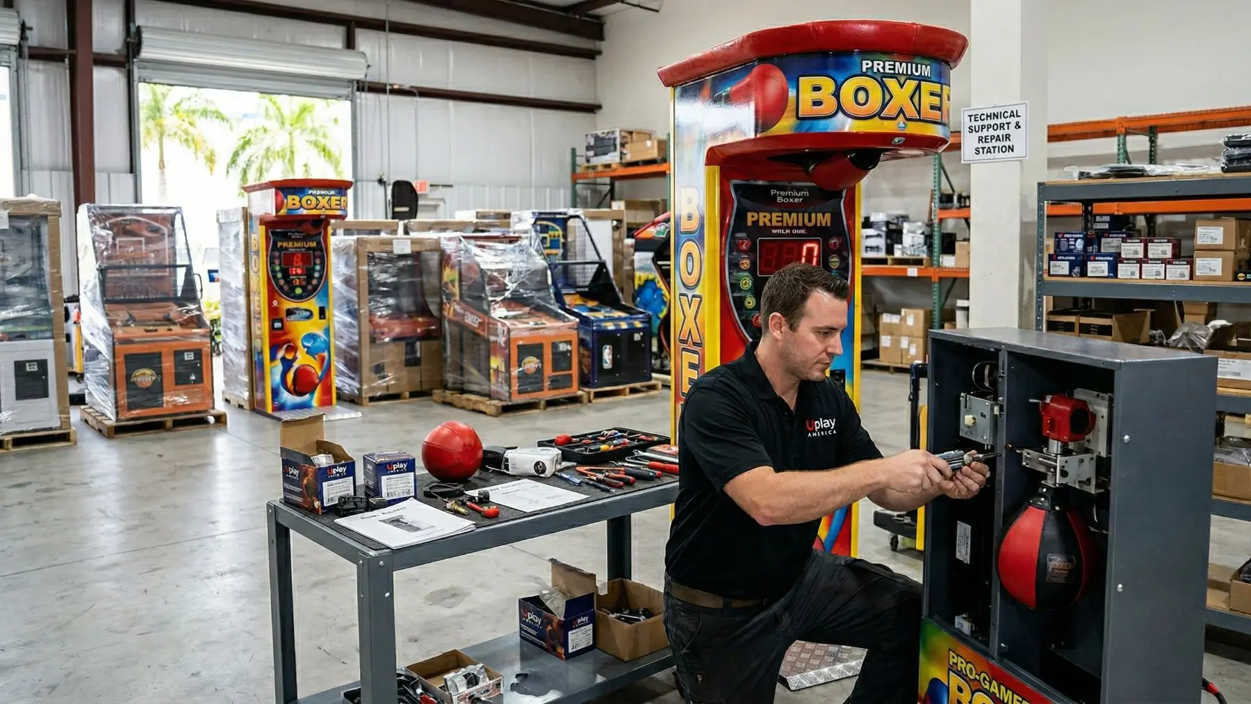 Technician repairing a boxing arcade machine with original spare parts in Florida warehouse