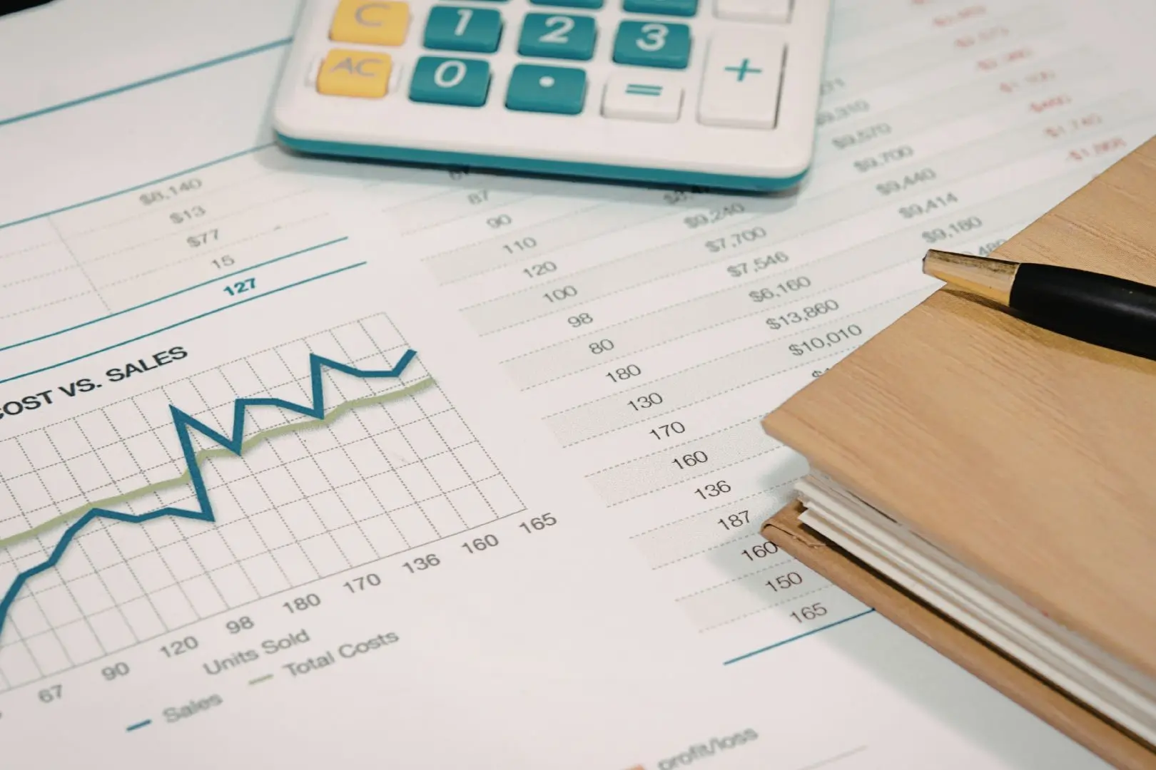 Vista en primer plano de herramientas de análisis de datos y retorno de inversión sobre un escritorio de madera con una oficina moderna difuminada de fondo.