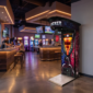 A premium Double Hit boxing arcade machine with a punching bag and digital score screen setup inside a busy, vibrant bar party.