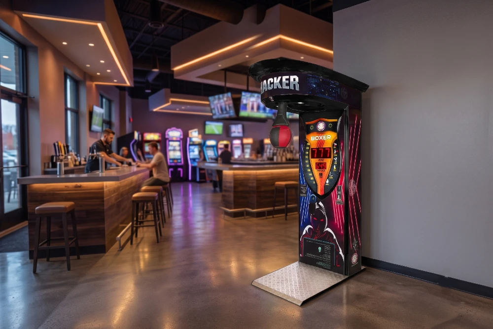 A premium Double Hit boxing arcade machine with a punching bag and digital score screen setup inside a busy, vibrant bar party.
