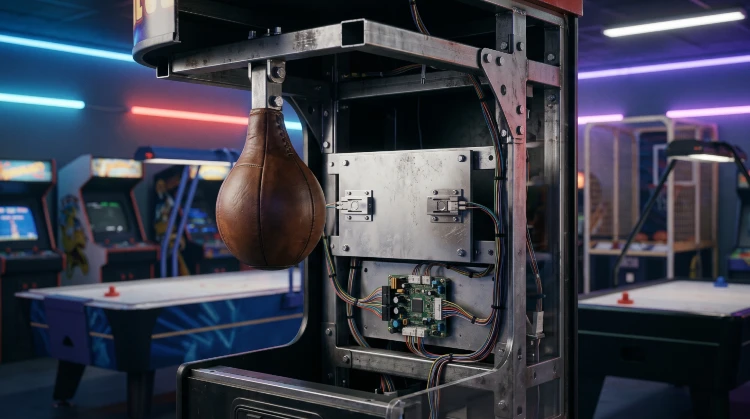 Mecanismo interno y pantalla de puntaje de una máquina de boxeo a monedas