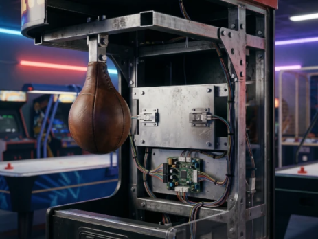 Coin-operated punch machine mechanism and scoring display up close
