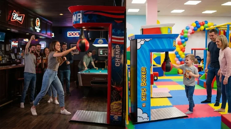Máquinas arcade para negocios de entretenimiento – máquina de boxeo en un bar deportivo junto a una máquina boxer para niños en un centro de entretenimiento familiar